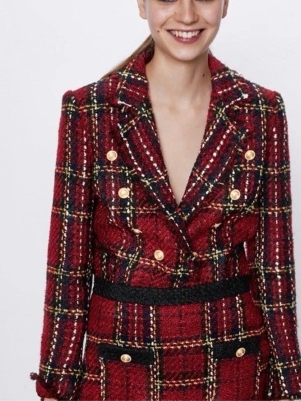 Zara Red Plaid Tweed Double-Breasted Blazer